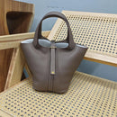 Bolsa de couro de vaca de camada superior, estilo europeu, bolsa tipo balde, cesta de vegetais frescos, bolsa fena com al...