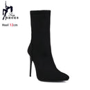 Botas de meia sexy para mulheres 12cm salto alto fino senhoras dedo do pé pontiagudo botas de tornozelo curto plus size 46 deslizamento-em sapatos de inverno botas mujer
