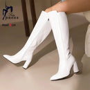 Botas de couro na altura do joelho com zíper para mulheres, sapatos pontiagudos, salto robusto, 9cm, inverno, ao ar livre, sexy, tamanho grande 44, 45, 46