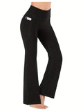 Calças femininas largas com bolsos, calças de ioga com pernas largas, cintura alta, fitness, casual, barriga, calças