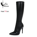 Botas de meia-panturrilha preta de camurça falsa de alta qualidade para mulheres, saltos finos, dedo apontado, zip, bombas de festa, sexy, moda primavera, tamanhos 35-43