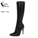 Botas de meia-panturrilha preta de camurça falsa de alta qualidade para mulheres, saltos finos, dedo apontado, zip, bombas de festa, sexy, moda primavera, tamanhos 35-43