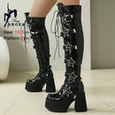 Outono inverno preto feminino acima do joelho botas altas saltos grossos 10.5cm plataforma 5cm estrela fivela rendas até zíper lateral botas longas