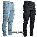 Novos calças de brim dos homens lavar cor sólida multi bolsos denim meados de cintura carga jeans plus size fahsion calças casuais masculino uso diário