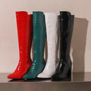 Botas de couro na altura do joelho com zíper para mulheres, sapatos pontiagudos, salto robusto, 9cm, inverno, ao ar livre, sexy, tamanho grande 44, 45, 46