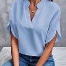 Women Elegant Solid V Neck Blouse Casual Short Sleeve Loose Shirt Summer Solid Tops Harajuku Office Ladt Chiffon Blouse 2026 New