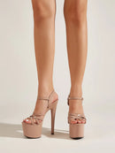 Sandálias Stiletto de plataforma aberta para mulheres, salto alto de banda estreita, sapatos stripper de festa, fivela, pole dancing, verão, 17cm