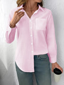 Camisa Feminina Casual de Algodão Puro com Pregas e Mangas Longas