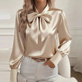 Moda manga longa camisa de seda feminina moda primavera outono nova blusa de cetim feminino arco escritório topos pulôver
