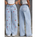 Mulheres jeans bordado cintura alta angustiado bolsos lavados vintage até o chão calças 2025 denim calças de perna larga streetwear