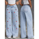 Mulheres jeans bordado cintura alta angustiado bolsos lavados vintage até o chão calças 2025 denim calças de perna larga streetwear