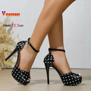 Novas Sandálias Femininas Vintage de Salto Alto Grosso de 12,5 CM com Tira no Tornozelo, Salto Fino, Peep-toe, Vazadas, para Banquete