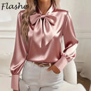 Moda manga longa camisa de seda feminina moda primavera outono nova blusa de cetim feminino arco escritório topos pulôver