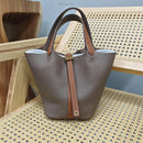 Bolsa de couro de vaca de camada superior, estilo europeu, bolsa tipo balde, cesta de vegetais frescos, bolsa fena com al...