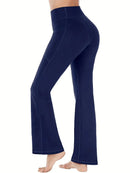 Calças femininas largas com bolsos, calças de ioga com pernas largas, cintura alta, fitness, casual, barriga, calças