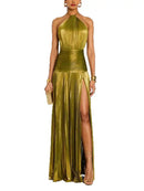Vestido Midi Sem Costas com Fenda, Decote com Cinto, Sem Mangas, Formal, em Tecido de Poliéster, Saia Franzida, Cintura Média...