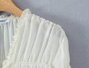 Camisa Feminina de Manga Longa com Decote em V e Laço Frontal, Franzida, Estilo Lotus Root, Transparente e Solta, em Chiffon, para Primavera e Verão