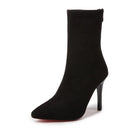 2023 outono inverno novo salto alto veludo botas curtas apontou toe cor sólida salto fino camurça versátil meias botas estiramento feminino