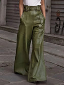 Calças Femininas Atacado: Calças de Couro PU Pretas de Cintura Alta com Perna Larga para Mulheres - Moda Casual Solta Estilo Streetwear