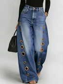 Calça Jeans Feminina Missuoo Azul Lavado de Cintura Alta com Ilhós Metálicos e Perna Larga 2026 - Calça Casual Solta Estilo Streetwear