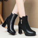 Sapatos de plataforma de lã quente para mulheres, botas de couro curtas impermeáveis, salto alto super, tornozelo preto, luxo, outono, inverno