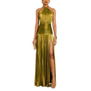 Vestido Midi Sem Costas com Fenda, Decote com Cinto, Sem Mangas, Formal, em Tecido de Poliéster, Saia Franzida, Cintura Média...