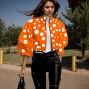 Moda impressão jaquetas para mulheres high street polka dot padrão lanterna manga zíper casaco curto casual gola alta jaqueta curta