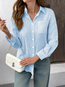 Camisa Feminina Casual de Algodão Puro com Pregas e Mangas Longas