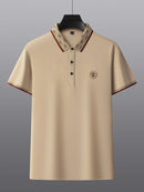 Camisa Polo Masculina Premium com Detalhes Listrados, Emblema Bordado, Tecido Respirável, Versátil para Trabalho e Ocasiões Casuais
