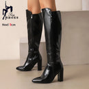 Botas de couro na altura do joelho com zíper para mulheres, sapatos pontiagudos, salto robusto, 9cm, inverno, ao ar livre, sexy, tamanho grande 44, 45, 46