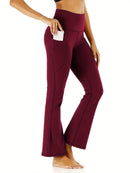 Calças femininas largas com bolsos, calças de ioga com pernas largas, cintura alta, fitness, casual, barriga, calças