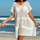 Túnica de malha de crochê feminino, manga curta sexy, oco, capas, vestido de praia, moda praia, capas femininas, K5580