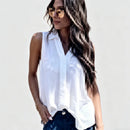 Blusa Feminina Casual de Verão com Decote V, Sem Mangas, Cor Sólida, Detalhe Plissado e Caimento Solto para o Dia a Dia