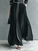 Vestido Maxi Elegante em Chiffon Francês, Gola Alta com Mangas Longas e Acabamento em Piping Branco, Ideal para Escritório, Negócios, Banquetes e Festas