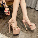 Sandálias Stiletto de plataforma aberta para mulheres, salto alto de banda estreita, sapatos stripper de festa, fivela, pole dancing, verão, 17cm