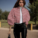 Moda impressão jaquetas para mulheres high street polka dot padrão lanterna manga zíper casaco curto casual gola alta jaqueta curta