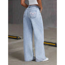 Mulheres jeans bordado cintura alta angustiado bolsos lavados vintage até o chão calças 2025 denim calças de perna larga streetwear