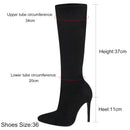 Botas de meia-panturrilha preta de camurça falsa de alta qualidade para mulheres, saltos finos, dedo apontado, zip, bombas de festa, sexy, moda primavera, tamanhos 35-43