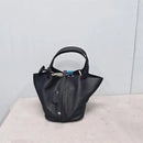 Bolsa de couro de vaca de camada superior, estilo europeu, bolsa tipo balde, cesta de vegetais frescos, bolsa fena com al...