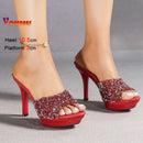 Chinelos femininos de verão, 10.5cm, plataforma antiderrapante, lantejoulas, sapatos de salto alto para mulheres, sandálias vermelhas de luxo