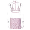 Maiô Feminino com Estampa de Poá Rosa, Conjunto de 3 Peças com Sutiãs e Saias Divididas, Moda Praia