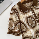 Blusa de Crochê de Manga Curta com Botões, Estilo Boho Chic, Blusa de Renda Floral Tricotada Aberta para Mulheres, Saída de Praia de Verão, Roupa de Resort