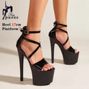 Sandálias Stiletto de plataforma aberta para mulheres, salto alto de banda estreita, sapatos stripper de festa, fivela, pole dancing, verão, 17cm
