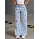 Mulheres jeans bordado cintura alta angustiado bolsos lavados vintage até o chão calças 2025 denim calças de perna larga streetwear
