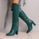 Botas de couro na altura do joelho com zíper para mulheres, sapatos pontiagudos, salto robusto, 9cm, inverno, ao ar livre, sexy, tamanho grande 44, 45, 46
