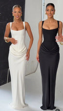 Suninheart Vestido maxi feminino branco Elegat com cadarço vestido fino formal para festa de casamento
