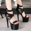Sandálias Stiletto de plataforma aberta para mulheres, salto alto de banda estreita, sapatos stripper de festa, fivela, pole dancing, verão, 17cm