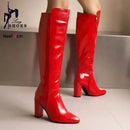 Botas de couro na altura do joelho com zíper para mulheres, sapatos pontiagudos, salto robusto, 9cm, inverno, ao ar livre, sexy, tamanho grande 44, 45, 46
