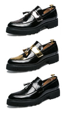 Moda dourada masculina casual deslizamento-on borla patente mocassins fundo grosso elevador sapatos masculinos sapatos de festa sapatos de negócios brogue