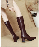 2025 novo outono inverno quente senhora sapatos confortáveis salto grosso apontou toe cor sólida jackboot salto alto feminino joelho-botas altas